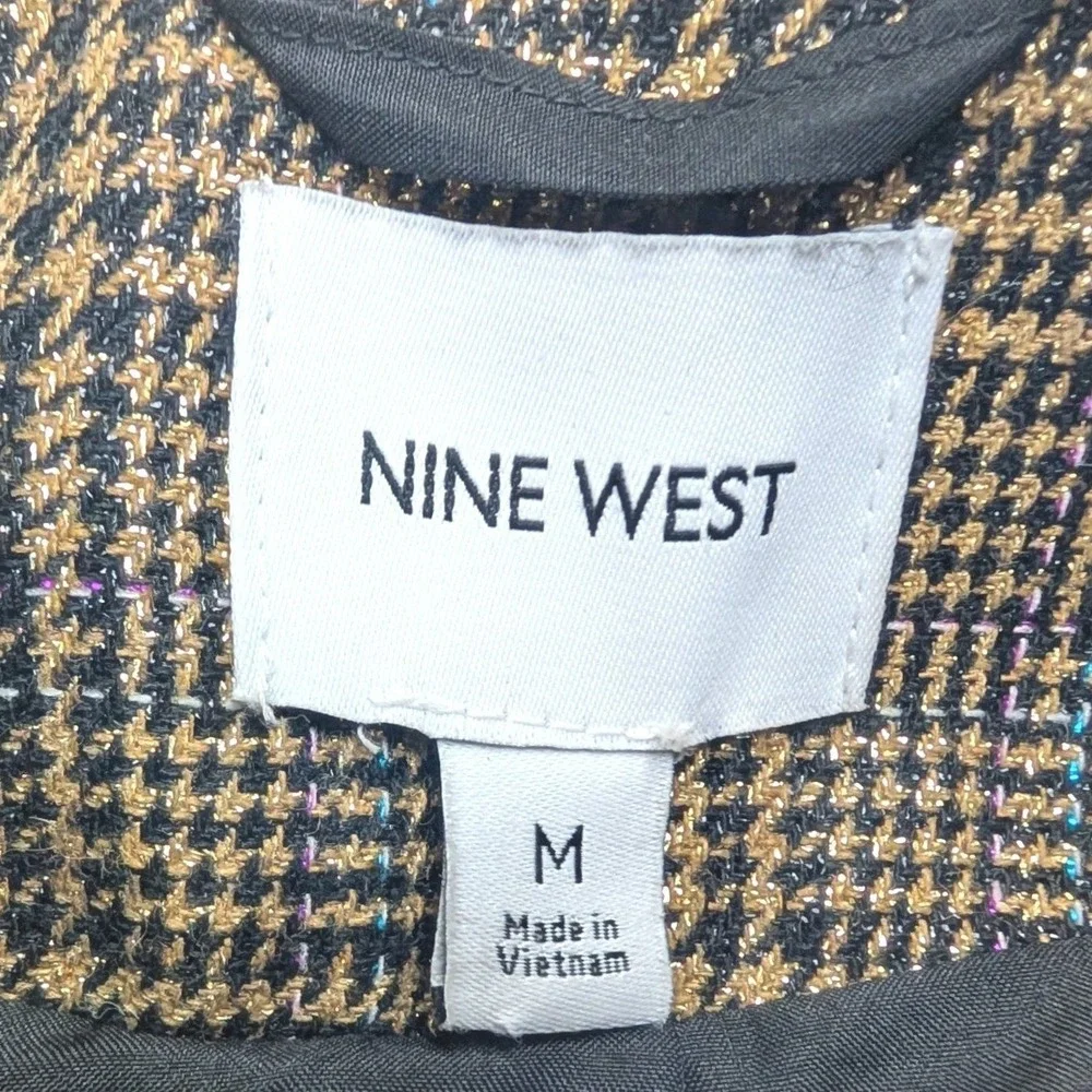 Nine West Blazer Womens Medium Brown Glen Plaid Double Breasted Metallic Gold